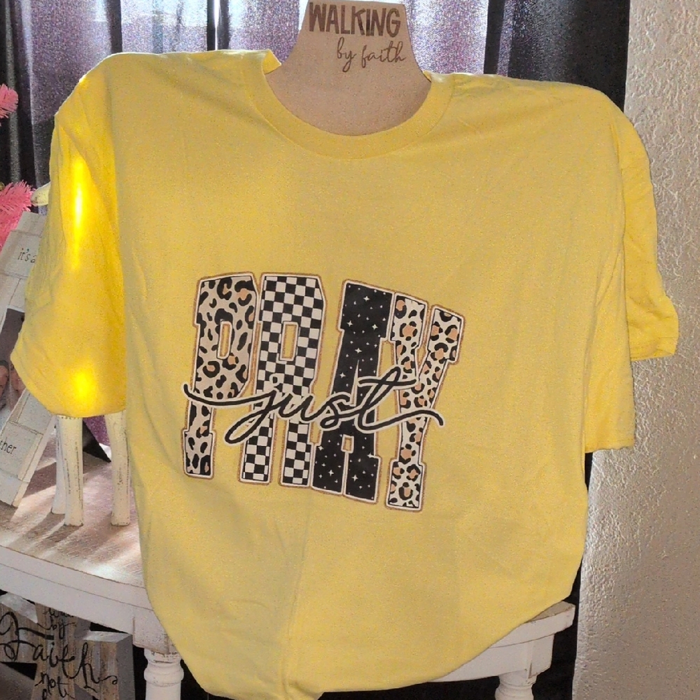 Gildan Yellow 'Pray' Graphic Short Sleeve Tee